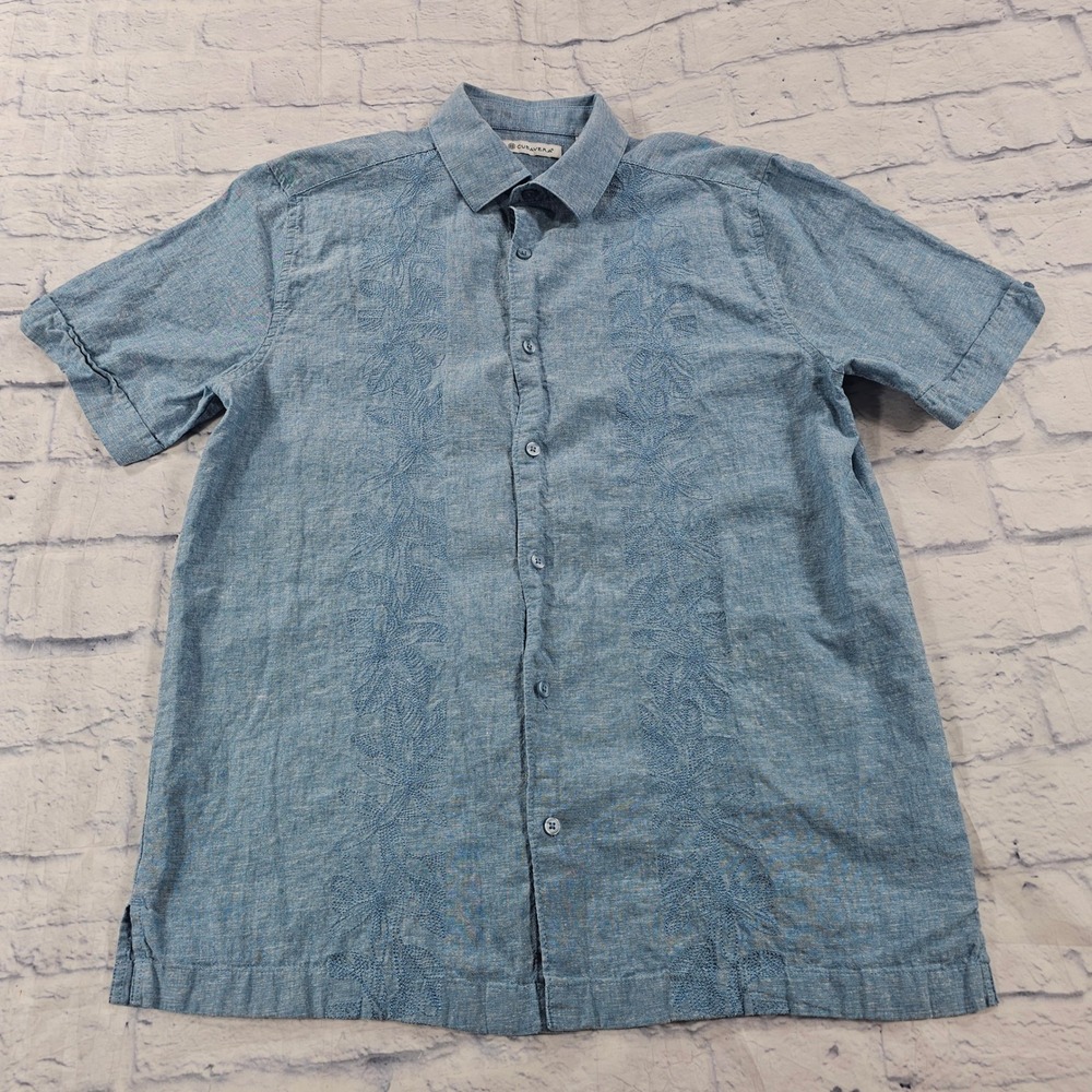 Cubavera Button Down Shirt Mens Medium Blue Linen Blend Embroidered Tropical